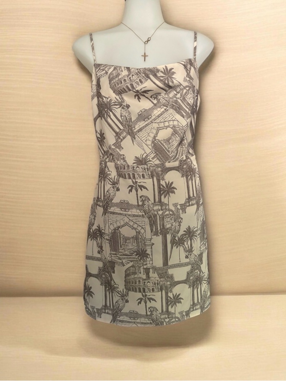Forever 21 Cream Mini Dress with Brown Architectural & Palm Print (v)